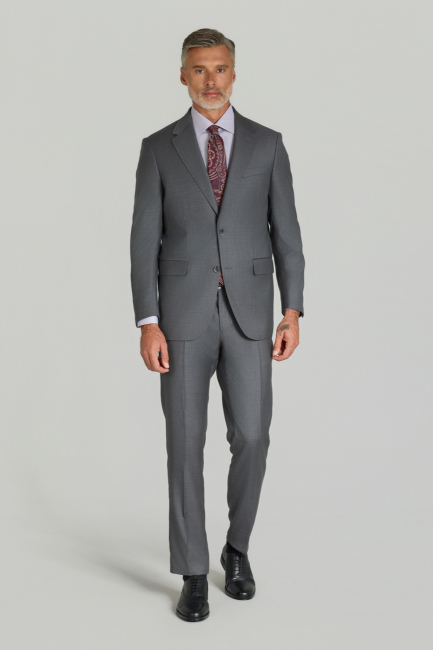 Comfort Fit 6 Drop Dokuma Mono Yaka Çift Yırtmaçlı Gri Erkek Takım Elbise