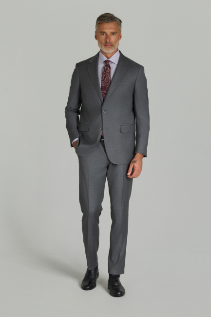 Comfort Fit 6 Drop Dokuma Mono Yaka Çift Yırtmaçlı Gri Erkek Takım Elbise (1)