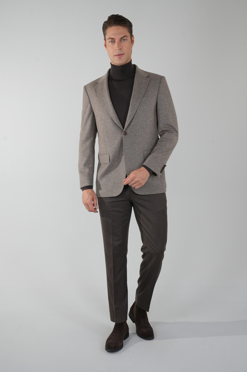 Comfort Fit Bej Mono Yaka Çift Yırtmaçlı 6 Drop Yün  Erkek Ceket