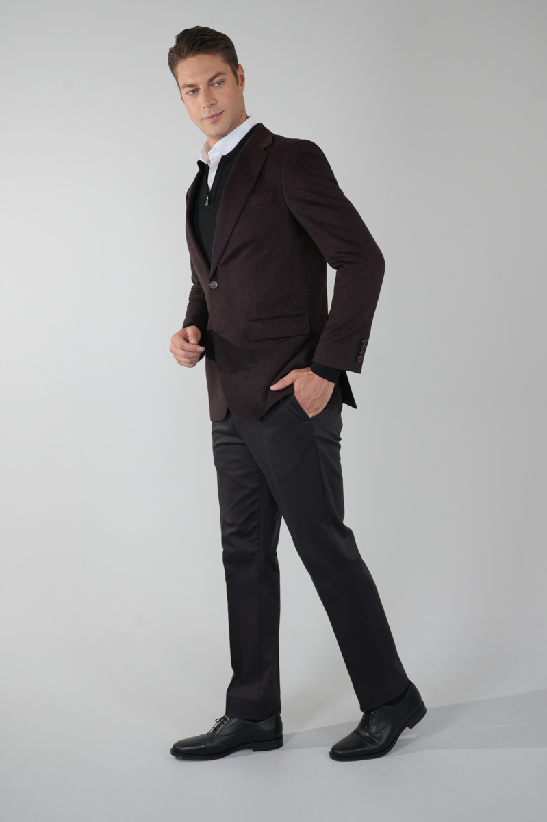 Comfort Fit Bordo Mono Yaka Çift Yırtmaçlı 6 Drop Yün Erkek Ceket - 5