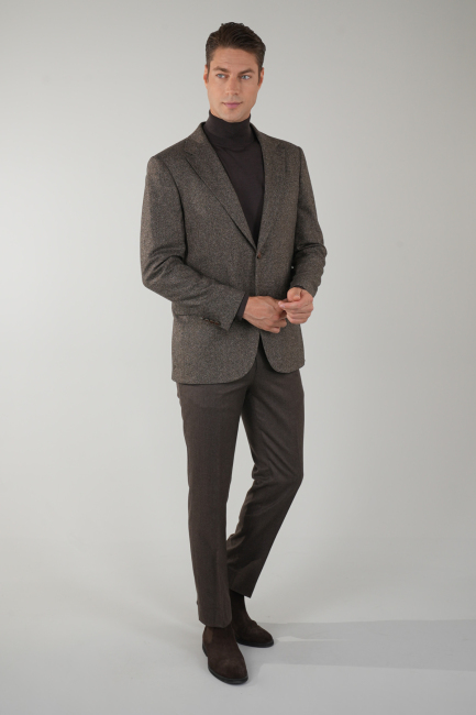 Comfort Fit Kahve Mono Yaka Çift Yırtmaçlı 6 Drop Erkek İpek Yün Ceket - 1