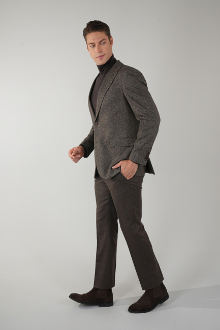 Comfort Fit Kahve Mono Yaka Çift Yırtmaçlı 6 Drop Erkek İpek Yün Ceket - 3