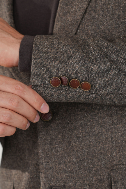 Comfort Fit Kahve Mono Yaka Çift Yırtmaçlı 6 Drop Erkek İpek Yün Ceket - 4
