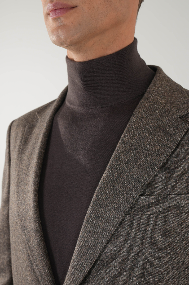 Comfort Fit Kahve Mono Yaka Çift Yırtmaçlı 6 Drop Erkek İpek Yün Ceket - 5