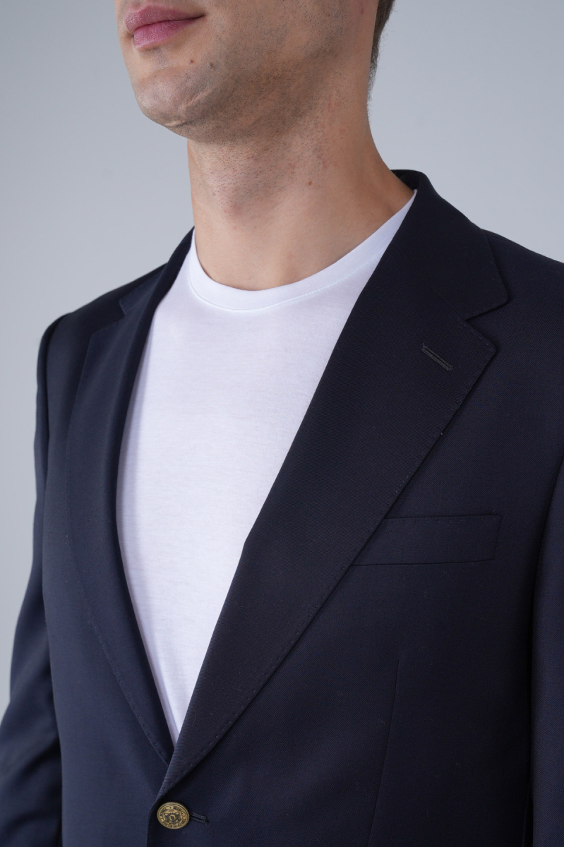 Comfort Fit Lacivert Dokuma Mono Yaka Çift Yırtmaçlı 4 Drop Yün Blazer Erkek Ceket - 3