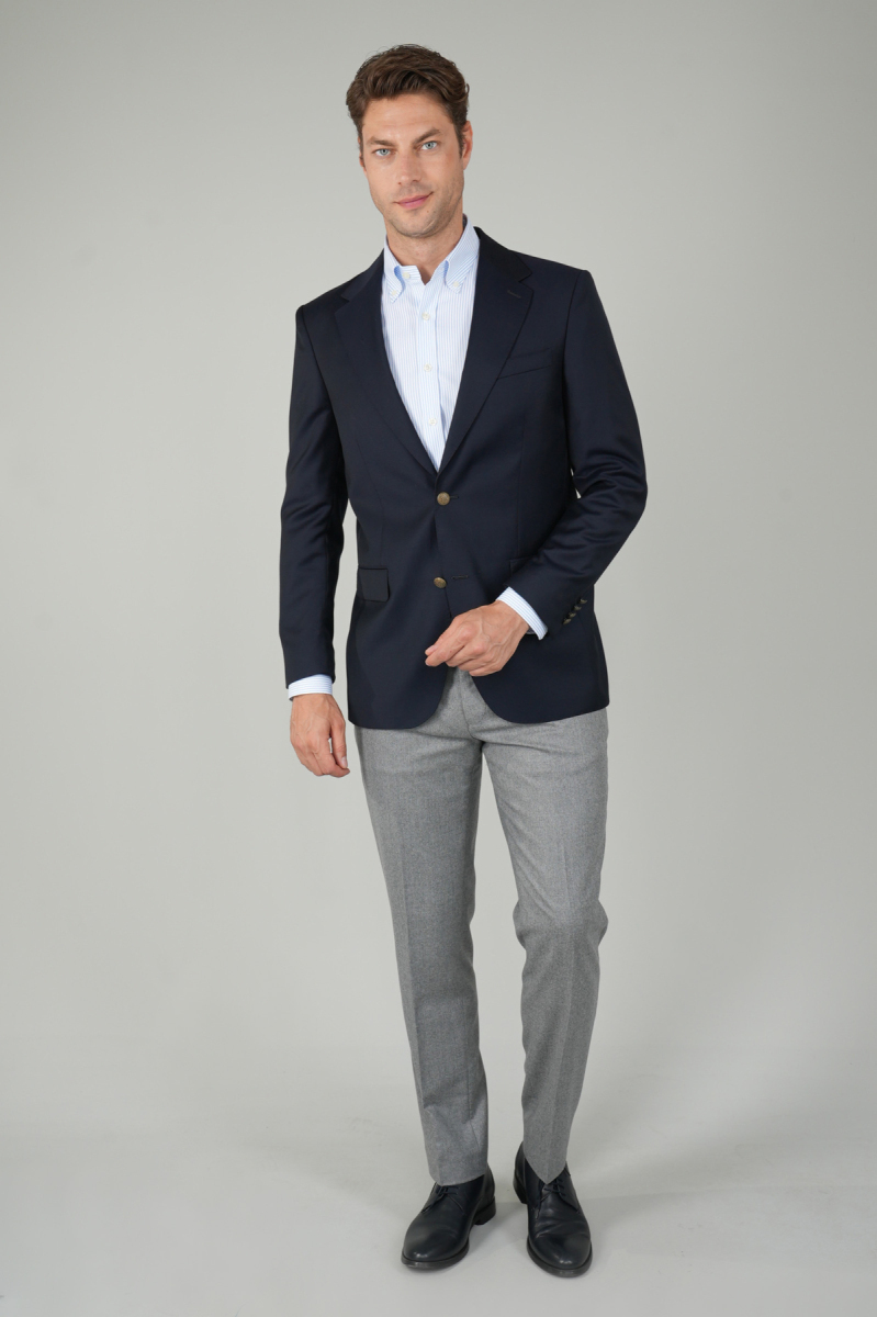 Comfort Fit Lacivert Dokuma Mono Yaka Çift Yırtmaçlı 6 Drop Yün Blazer Erkek Ceket - 1