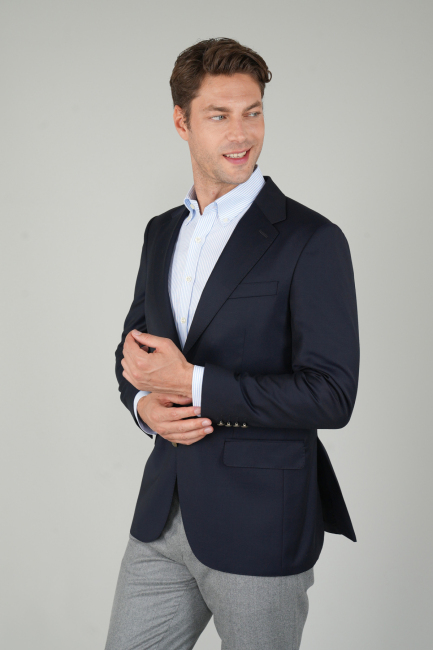 Comfort Fit Lacivert Dokuma Mono Yaka Çift Yırtmaçlı 6 Drop Yün Blazer Erkek Ceket - 5