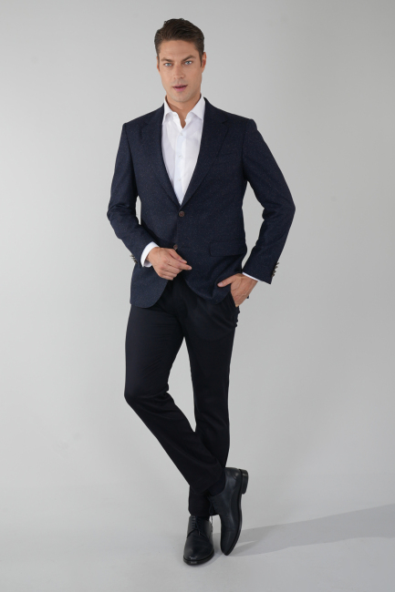 Comfort Fit Lacivert Mono Yaka Çift Yırtmaçlı 6 Drop Erkek İpek Yün Ceket - 5