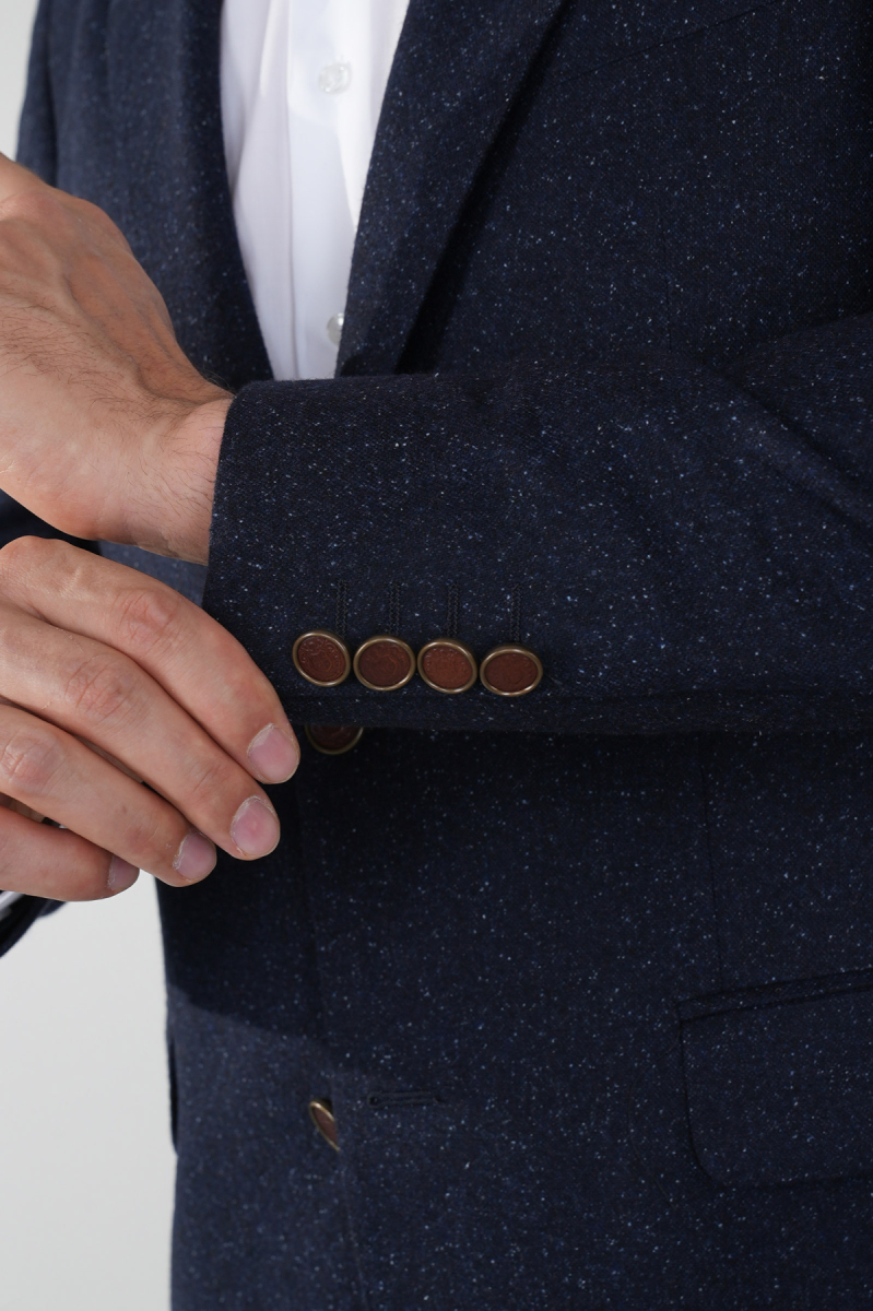 Comfort Fit Lacivert Mono Yaka Çift Yırtmaçlı 6 Drop Erkek İpek Yün Ceket - 3