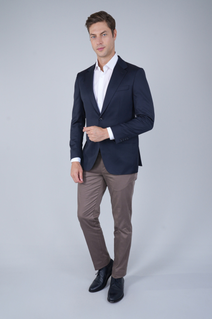 Comfort Fit Lacivert Mono Yaka Çift Yırtmaçlı 6 Drop Erkek Yün Ceket - 5