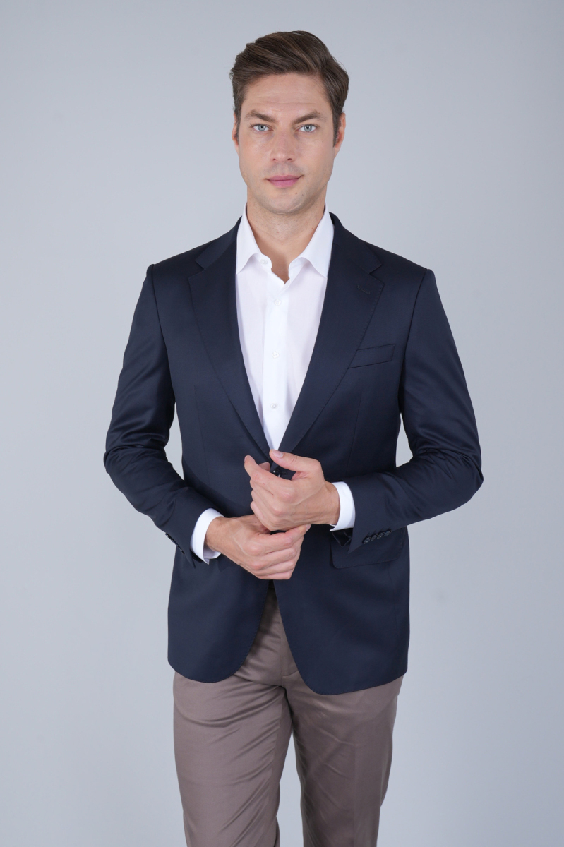 Comfort Fit Lacivert Mono Yaka Çift Yırtmaçlı 6 Drop Erkek Yün Ceket