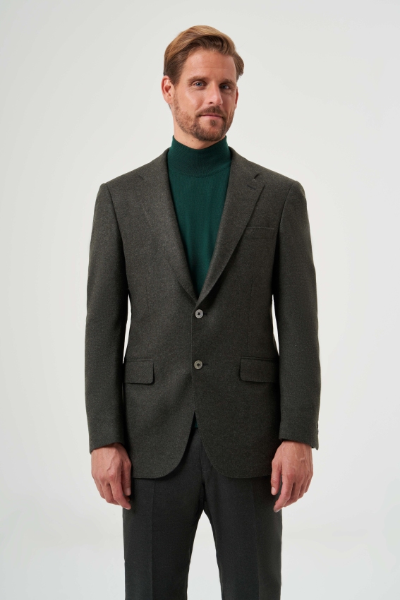 Comfort Fit Mono Yaka 6 Drop Haki Erkek Yün Ceket