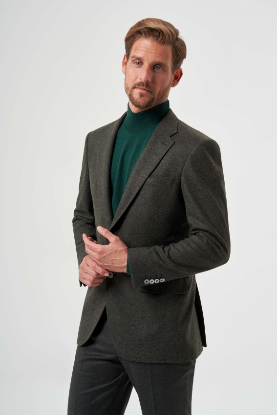 Comfort Fit Mono Yaka 6 Drop Haki Erkek Yün Ceket - 5