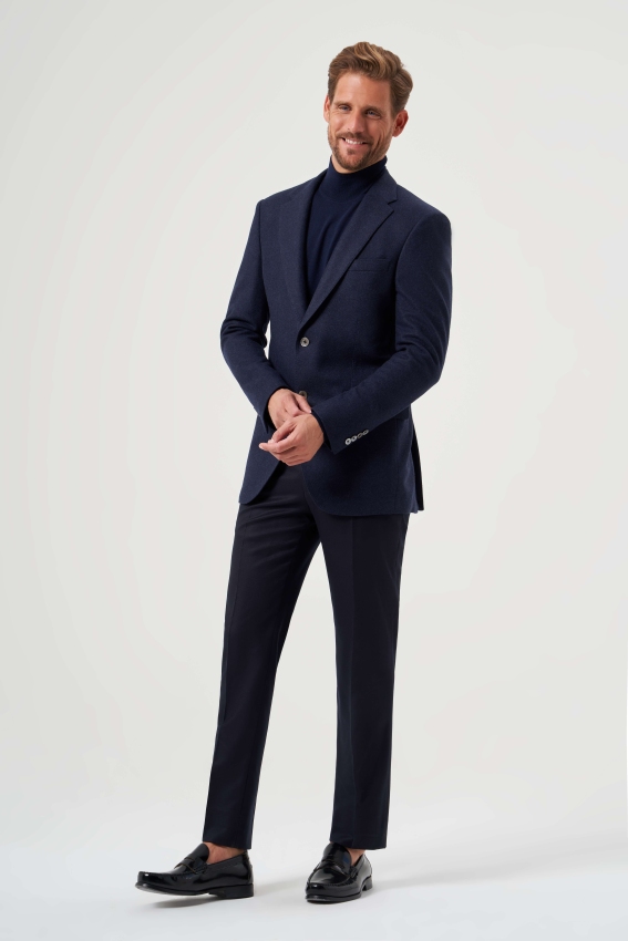 Comfort Fit Mono Yaka 6 Drop Lacivert Erkek Yün Ceket - 5