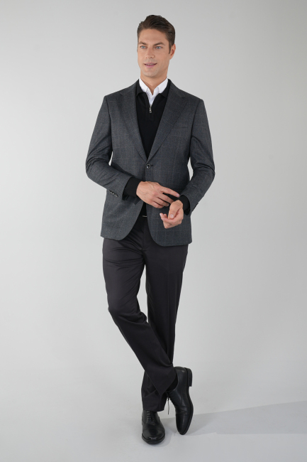 Comfort Fit Mono Yaka Çift Yırtmaç 6 Drop Koyu Gri Erkek Yün Ceket - 3