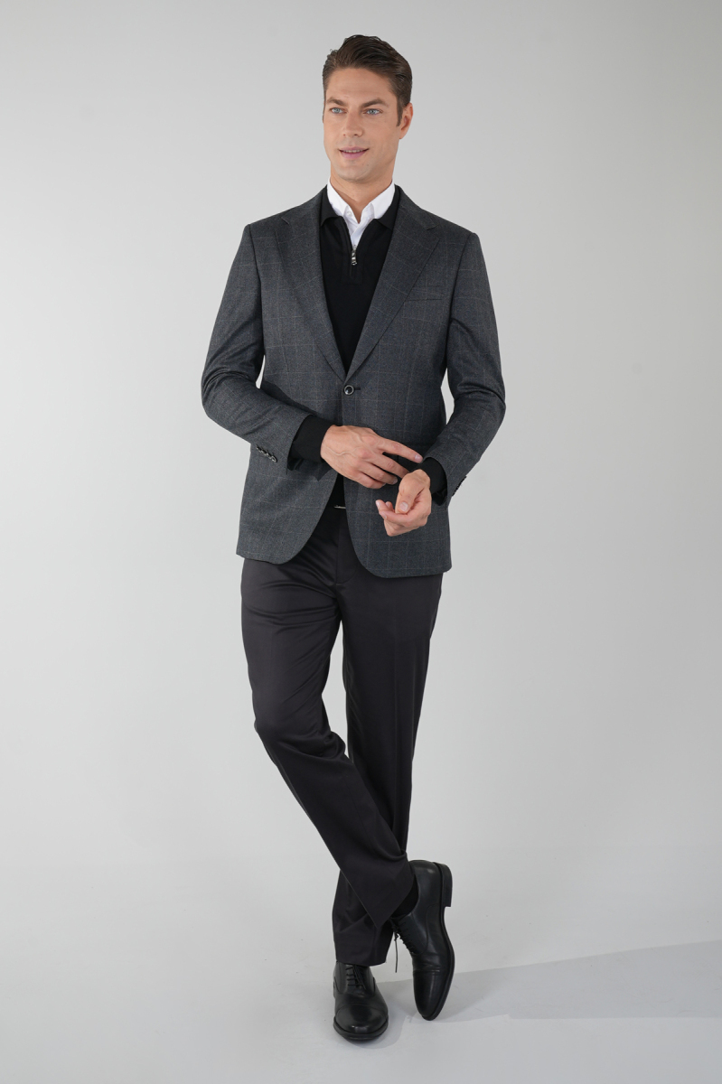 Comfort Fit Mono Yaka Çift Yırtmaç 6 Drop Koyu Gri Erkek Yün Ceket - 3