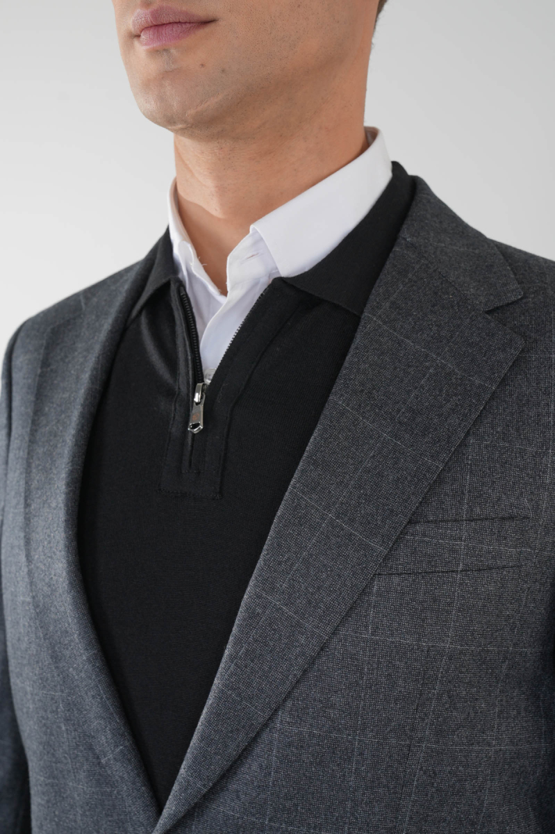 Comfort Fit Mono Yaka Çift Yırtmaç 6 Drop Koyu Gri Erkek Yün Ceket - 5