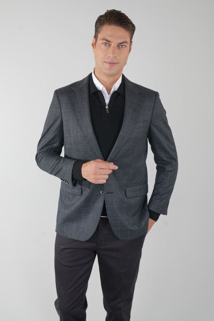 Comfort Fit Mono Yaka Çift Yırtmaç 6 Drop Koyu Gri Erkek Yün Ceket