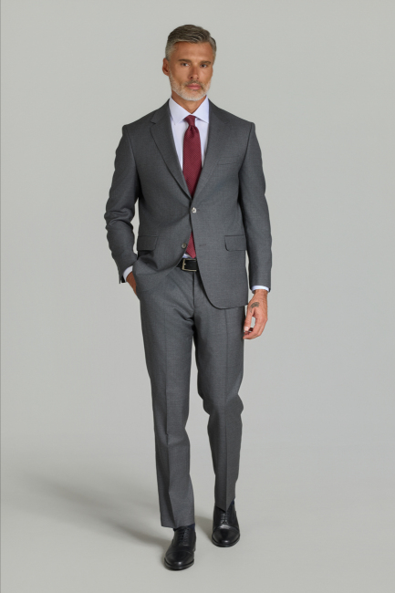 Gri Comfort Fit Mono Yaka Çift Yırtmaçlı Sedef Düğmeli 6 Drop Yün Takım Elbise