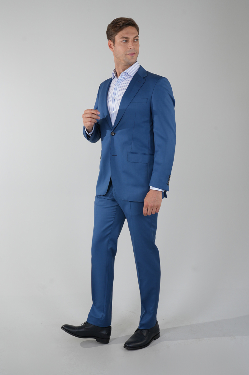 Comfort Fit Mono Yaka Drop 6 Çift Yırtmaçlı Açık Lacivert Erkek Yün Takım Elbise - 5