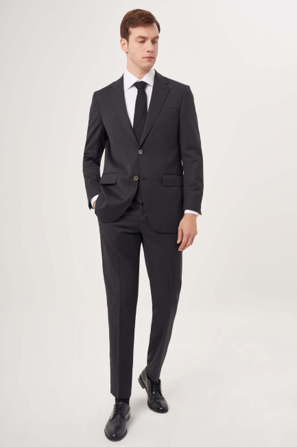Comfort Fit Mono Yaka Drop 6 Çift Yırtmaçlı Antrasit Erkek Yün Takım Elbise - 5