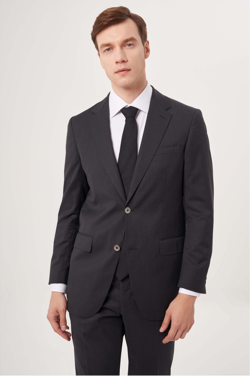 Comfort Fit Mono Yaka Drop 6 Çift Yırtmaçlı Antrasit Erkek Yün Takım Elbise - 4