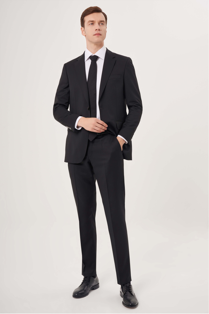 Comfort Fit Mono Yaka Drop 6 Çift Yırtmaçlı Siyah Erkek Yün Takım Elbise - 7