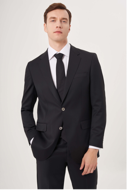 Comfort Fit Mono Yaka Drop 6 Çift Yırtmaçlı Siyah Erkek Yün Takım Elbise - 5