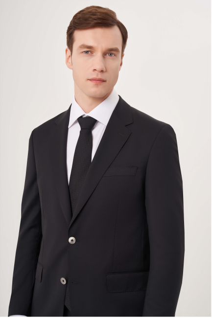 Comfort Fit Mono Yaka Drop 6 Çift Yırtmaçlı Siyah Erkek Yün Takım Elbise - 4