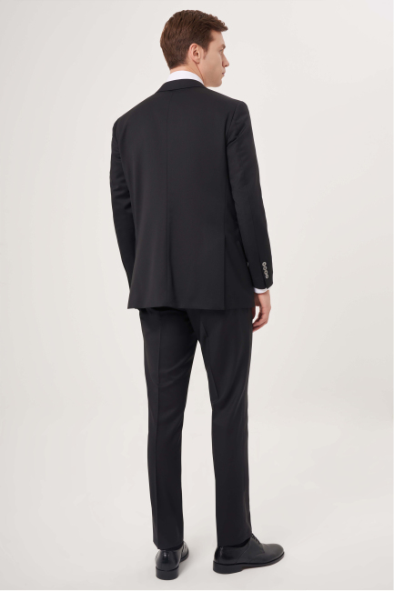 Comfort Fit Mono Yaka Drop 6 Çift Yırtmaçlı Siyah Erkek Yün Takım Elbise (1)