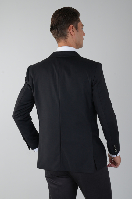Comfort Fit Siyah Dokuma Mono Yaka Çift Yırtmaçlı 4 Drop Yün Blazer Erkek Ceket (1)