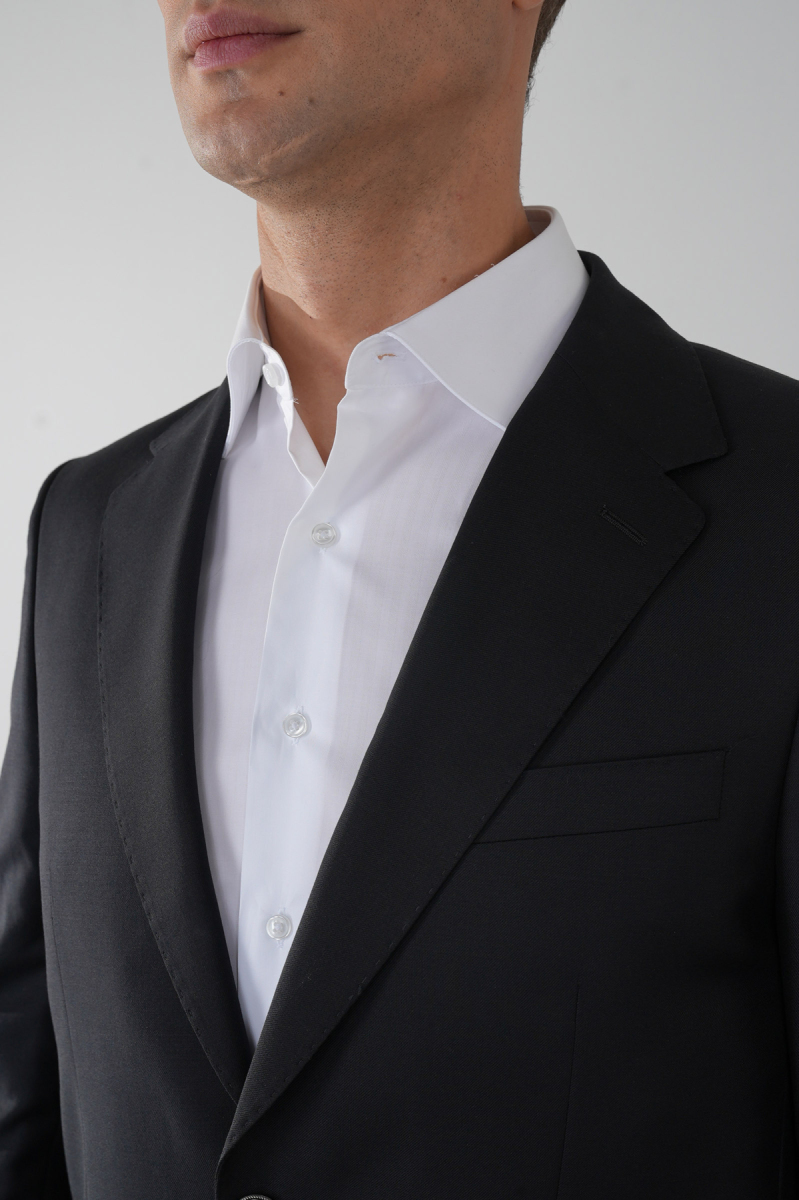 Comfort Fit Siyah Dokuma Mono Yaka Çift Yırtmaçlı 4 Drop Yün Blazer Erkek Ceket - 4