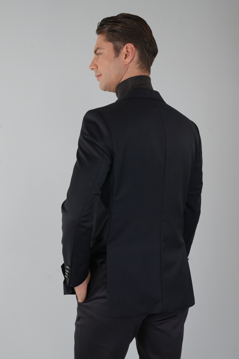 Comfort Fit Siyah Dokuma Mono Yaka Çift Yırtmaçlı 6 Drop Yün Blazer Erkek Ceket (1)