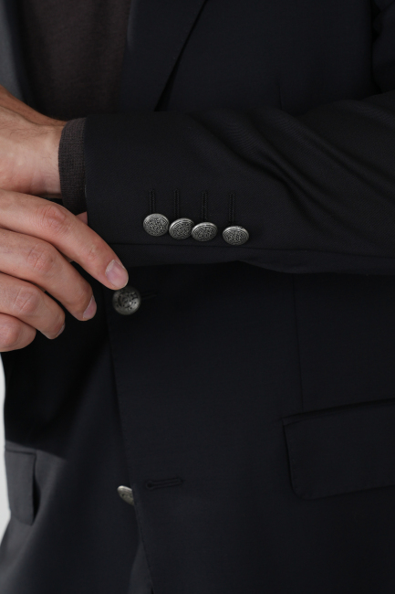 Comfort Fit Siyah Dokuma Mono Yaka Çift Yırtmaçlı 6 Drop Yün Blazer Erkek Ceket - 4