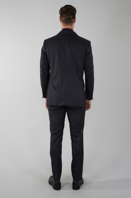 Comfort Fit Siyah Mono Yaka Çift Yırtmaçlı 4 Drop Erkek Yün Ceket (1)