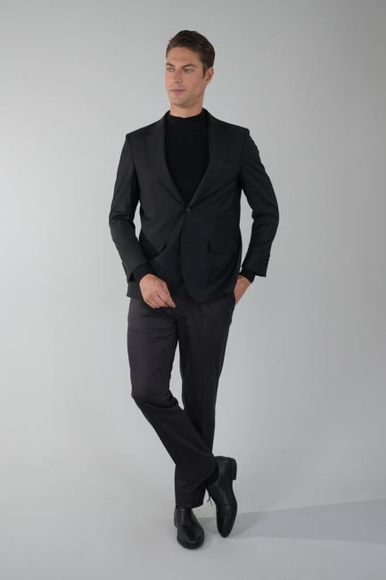 Comfort Fit Siyah Mono Yaka Çift Yırtmaçlı 4 Drop Erkek Yün Ceket - 5