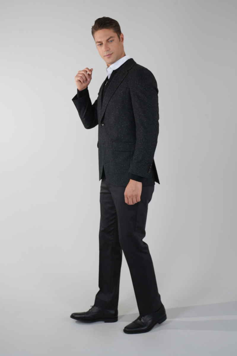 Comfort Fit Siyah Mono Yaka Çift Yırtmaçlı 6 Drop Erkek İpek Yün Ceket - 5