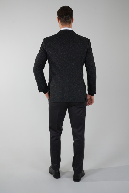 Comfort Fit Siyah Mono Yaka Çift Yırtmaçlı 6 Drop Erkek İpek Yün Ceket (1)