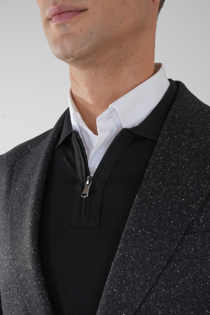 Comfort Fit Siyah Mono Yaka Çift Yırtmaçlı 6 Drop Erkek İpek Yün Ceket - 4