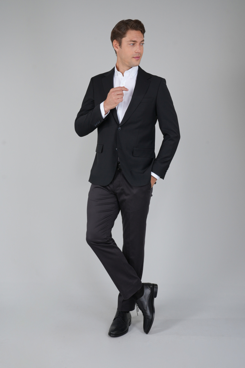 Comfort Fit Siyah Mono Yaka Çift Yırtmaçlı 6 Drop Erkek Yün Ceket - 1