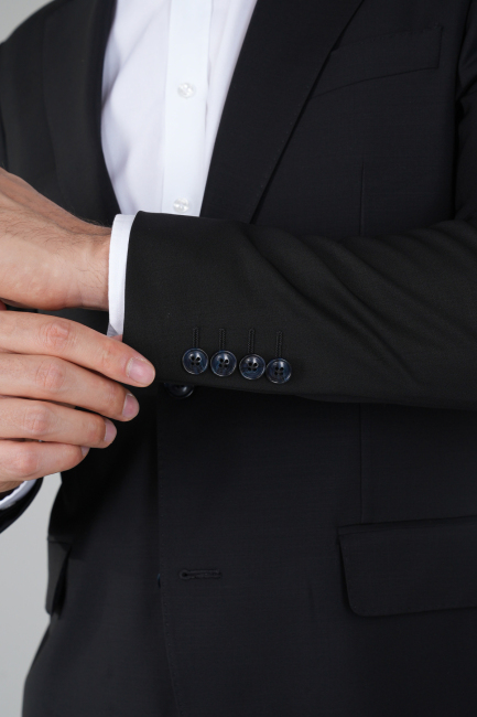 Comfort Fit Siyah Mono Yaka Çift Yırtmaçlı 6 Drop Erkek Yün Ceket - 4