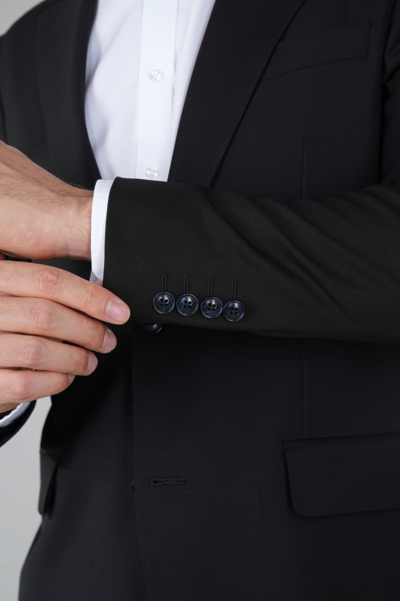 Comfort Fit Siyah Mono Yaka Çift Yırtmaçlı 6 Drop Erkek Yün Ceket - 4