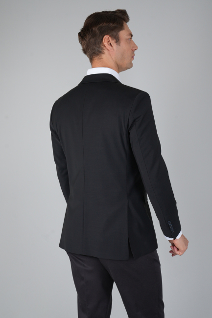 Comfort Fit Siyah Mono Yaka Çift Yırtmaçlı 6 Drop Erkek Yün Ceket (1)