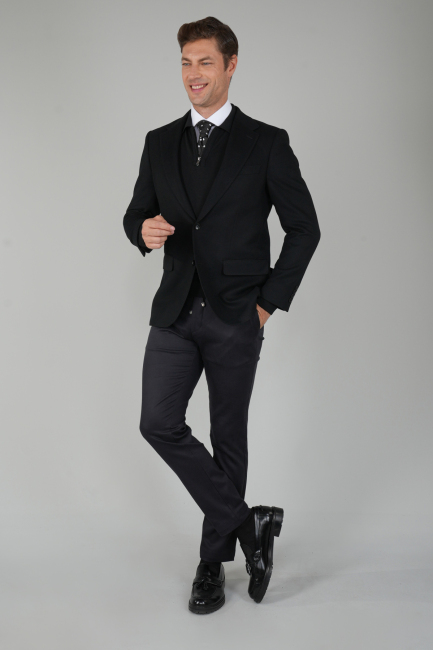 Comfort Fit Siyah Mono Yaka Çift Yırtmaçlı 6 Drop Yün Erkek Ceket - 5