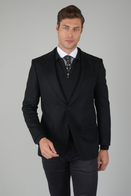Comfort Fit Siyah Mono Yaka Çift Yırtmaçlı 6 Drop Yün Erkek Ceket