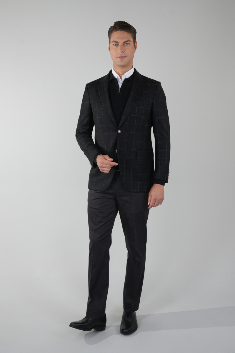 Comfort Fit Siyah Mono Yaka Çift Yırtmaçlı 6 Drop Yün Kaşmir Erkek Ceket - 1