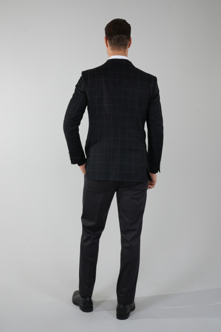 Comfort Fit Siyah Mono Yaka Çift Yırtmaçlı 6 Drop Yün Kaşmir Erkek Ceket (1)