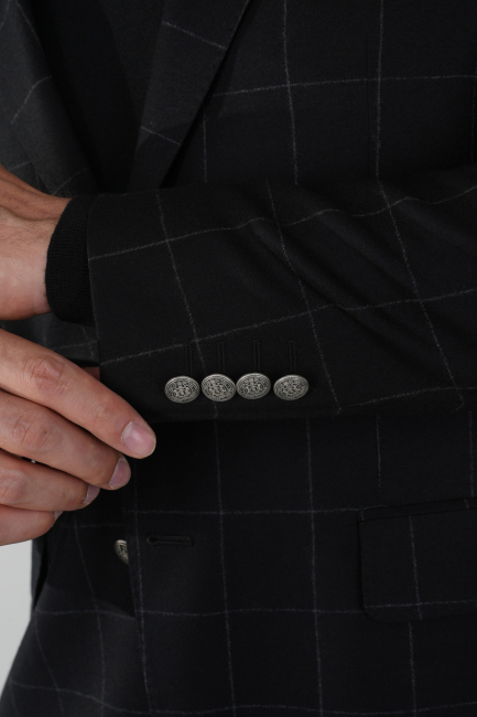 Comfort Fit Siyah Mono Yaka Çift Yırtmaçlı 6 Drop Yün Kaşmir Erkek Ceket - 4