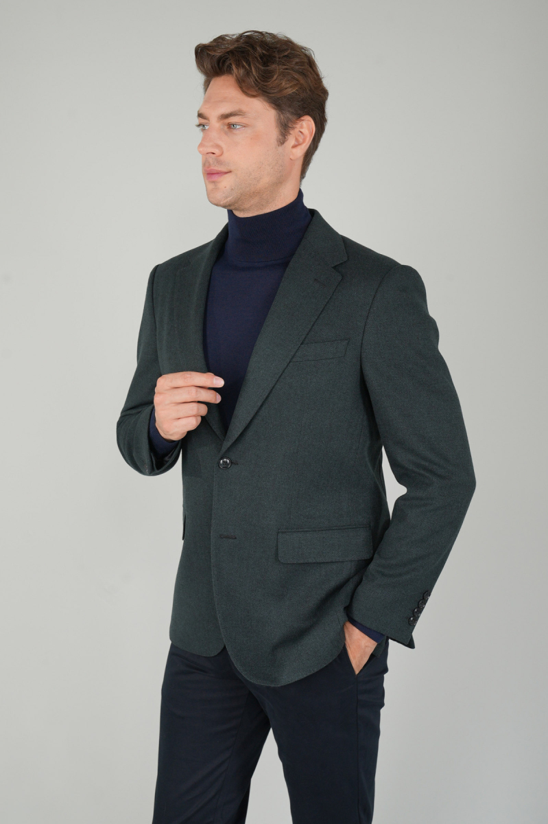 Comfort Fit Yeşil Mono Yaka Çift Yırtmaçlı 6 Drop Yün Erkek Ceket - 5