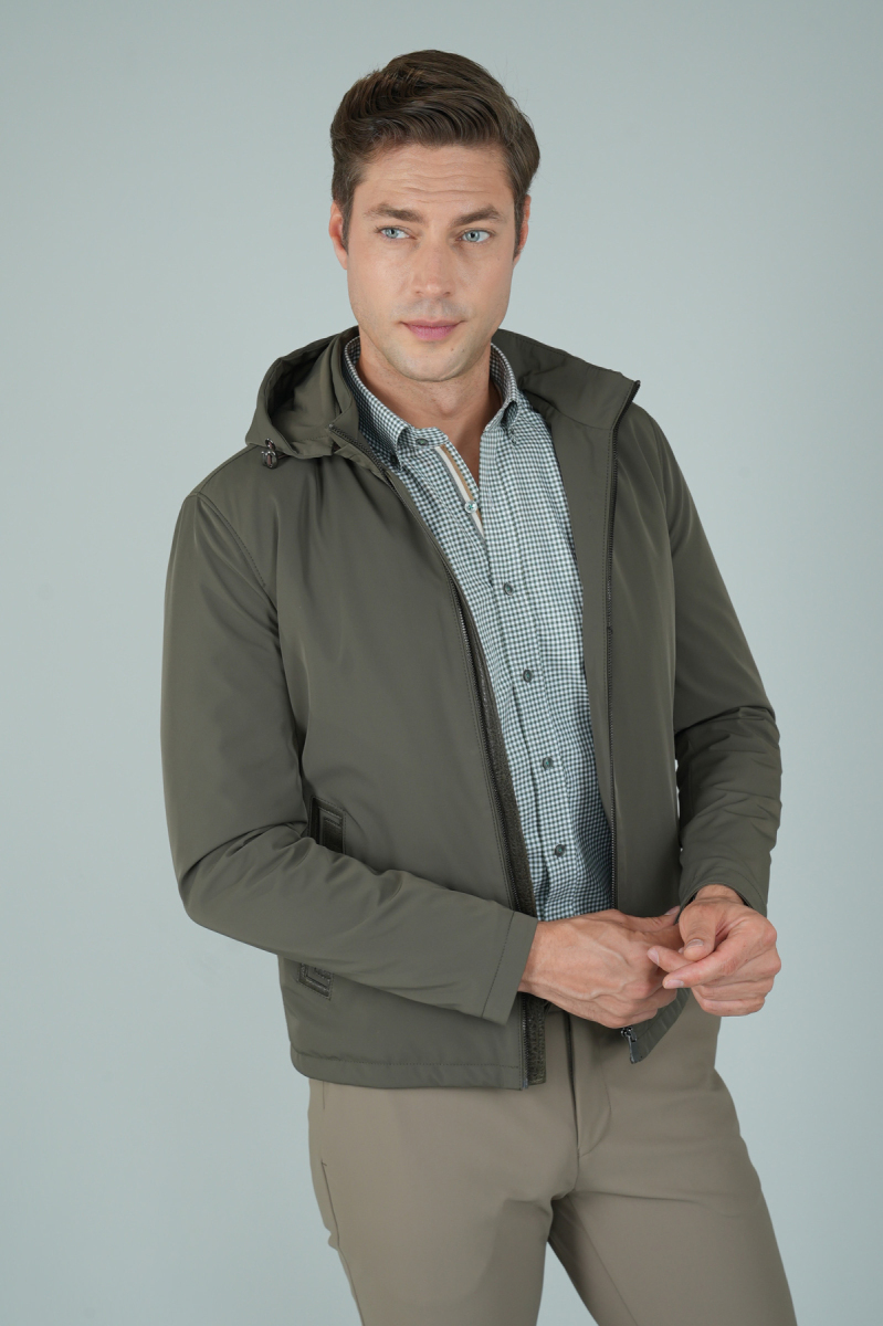 Deri Detaylı Regular Fit Erkek Haki Mont - 1